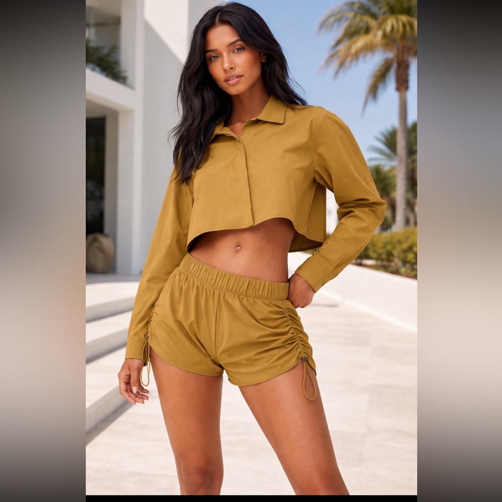 ALO SET Take Me Out Golden Olive SET crop jacket & cinch shorts Small S